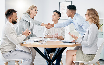 Buy stock photo Diversity partnership, hand shake and business people meeting for investment deal, agreement or negotiation success. Thank you handshake, welcome and team shaking hands for b2b corporate contract