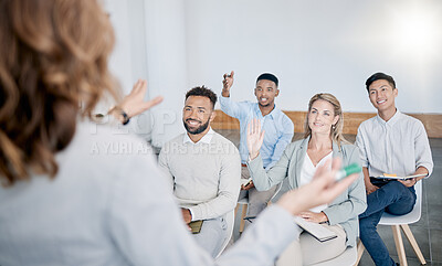 Buy stock photo Question, happy business people and speaker presentation, manager speech or ceo at training workshop. Collaboration, communication or finance mentor talking, teaching or coaching financial sales team
