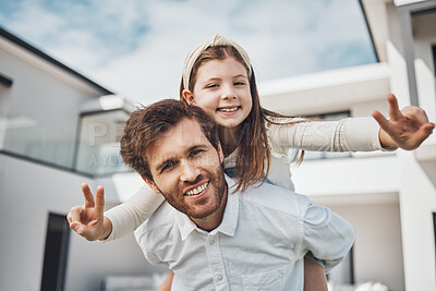 Buy stock photo Portrait, family and children with a girl peace sign on the shoulders of her father outdoor at their new home. Love, kids and real estate with a man and daughter bonding outside their house together