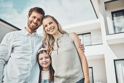 Buy stock photo Happy family, portrait and outdoor real estate of new home loan, luxury house and building mortgage in Sweden. Parents, child and smile in front of property investment, moving and dream neighborhood