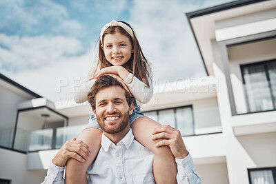 Buy stock photo Portrait, family and children with a girl sitting on the shoulders of her father outdoor at their new home. Love, kids and real estate with a man and daughter bonding outside their house together