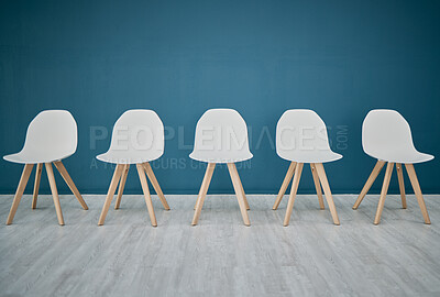 Buy stock photo Chairs, line and waiting room in the office corridor for an interview, meeting or recruitment. Seats, row and empty stools in the hallway or boardroom of the modern business workplace for hiring.