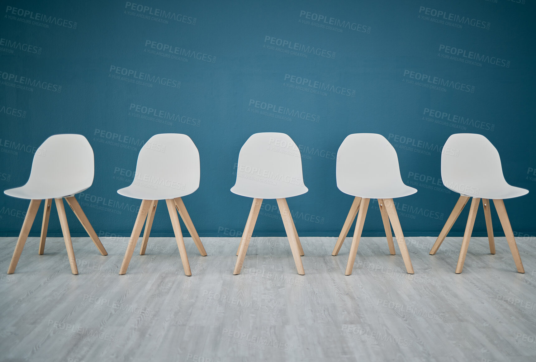 Buy stock photo Chairs, line and waiting room in the office corridor for an interview, meeting or recruitment. Seats, row and empty stools in the hallway or boardroom of the modern business workplace for hiring.