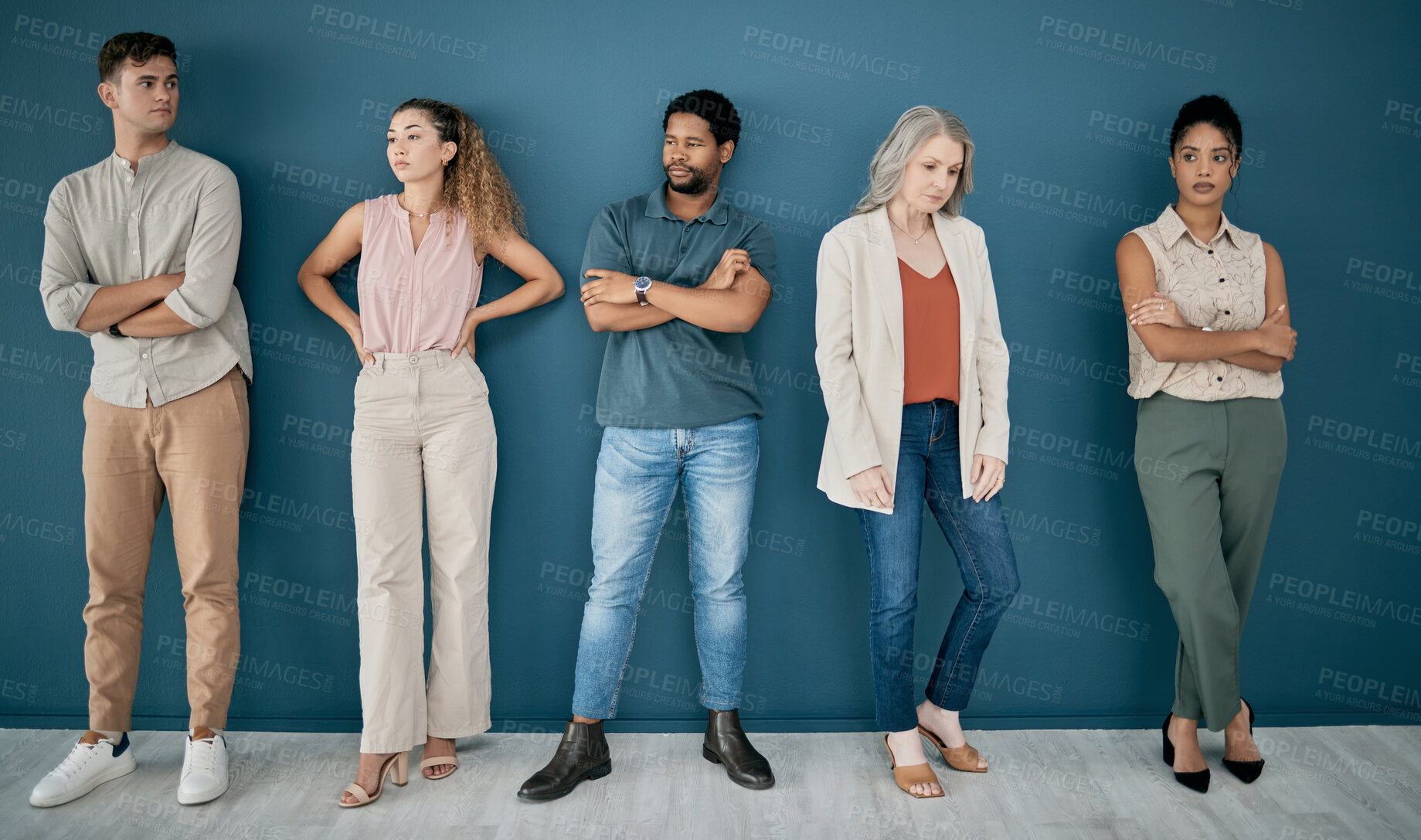 Buy stock photo Human resources, hiring and bored people in a waiting room for job interview at office. Onboarding, hr and group of nervous, anxiety or sad business men and women standing in line for recruitment.