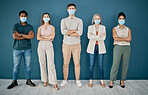 Portrait, covid and group of business people with arms crossed in office for health and safety. Teamwork, compliance and workers, men and women with face mask or ppe to stop corona virus for wellness