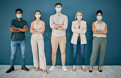 Buy stock photo Portrait, covid and group of business people with arms crossed in office for health and safety. Teamwork, compliance and workers, men and women with face mask or ppe to stop corona virus for wellness