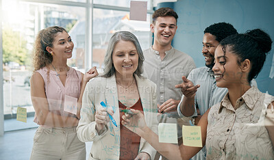 Buy stock photo Glass, business people and team brainstorming, planning and schedule for new project development, deadline or conversation. Staff, teamwork or group project with strategy, collaboration or share idea