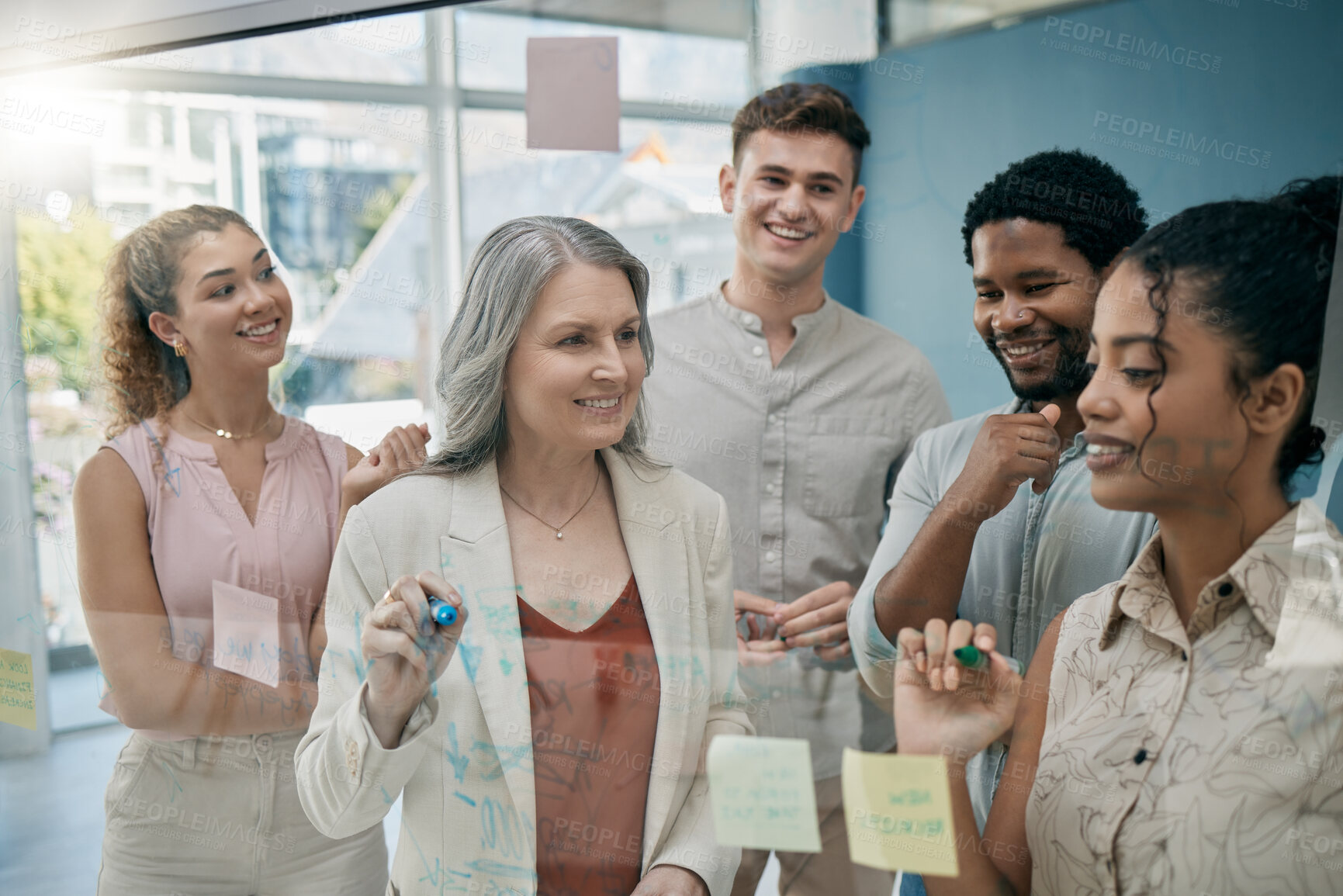 Buy stock photo Teamwork, corporate and staff with idea, project and cooperation in office, diversity or collaboration. Glass, group design or business planning with innovation, conversation or development for goal