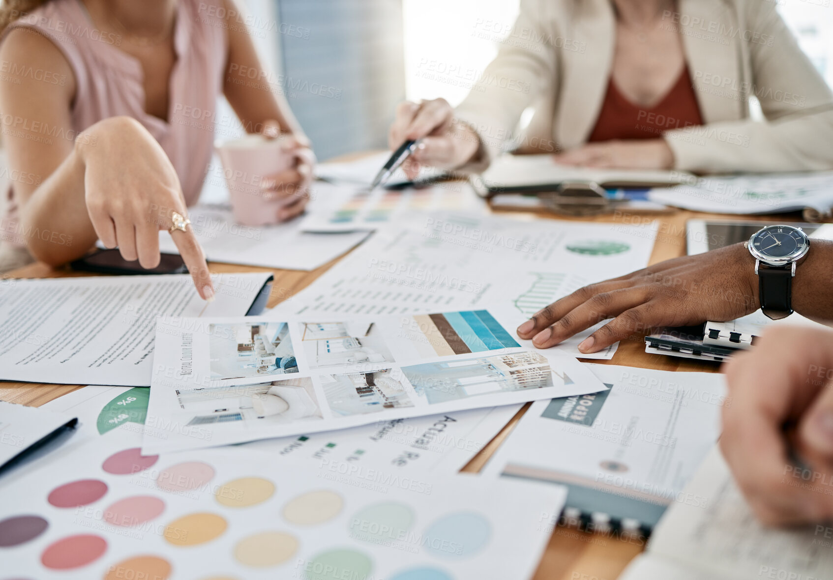 Buy stock photo Hands, accounting and documents with a business team planning in collaboration for growth in an office. Finance, data and teamwork with a man and woman employee group working on a financial budget