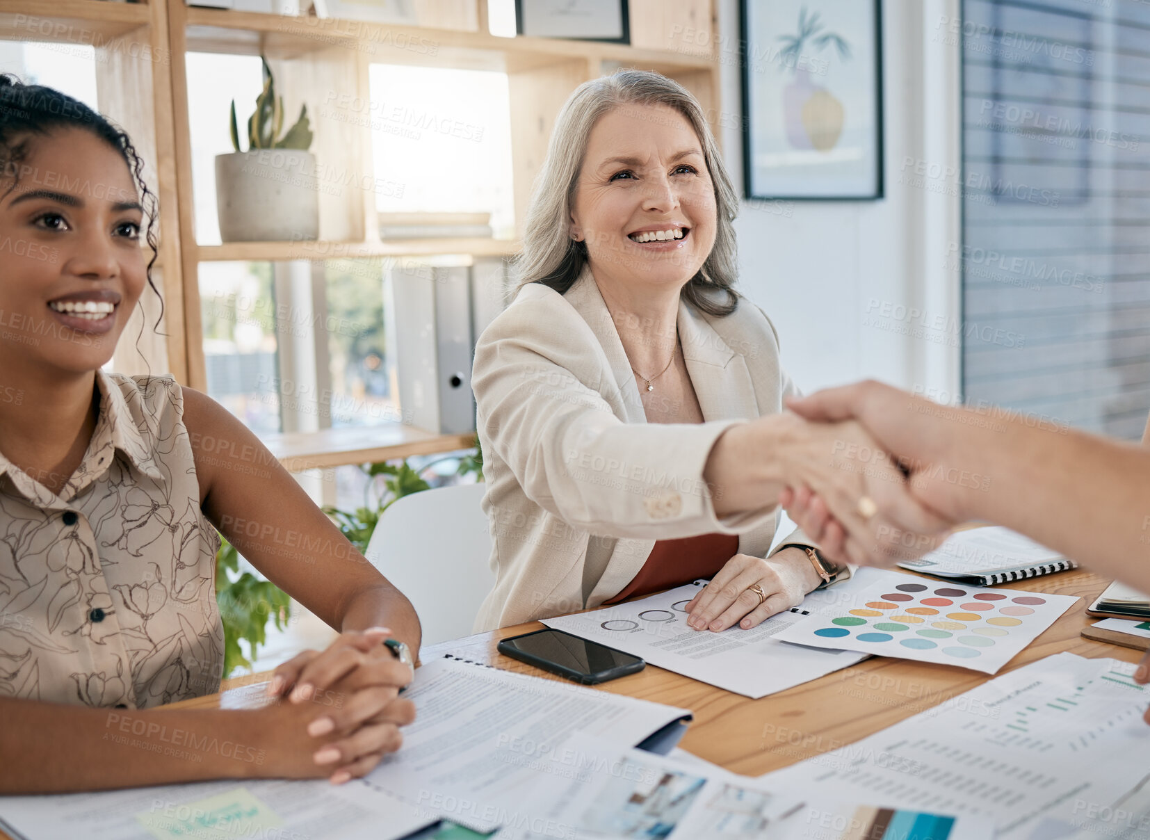 Buy stock photo Meeting, handshake and collaboration with a business woman in the office for a deal or agreement. Teamwork, collaboration and thank you with a senior female employee shaking hands with a colleague