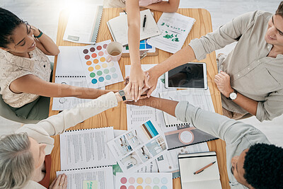 Buy stock photo Teamwork, collaboration and hands of business people in office for unity. Top view, cooperation or group of men and women huddle together for support, solidarity or motivation, trust or team building