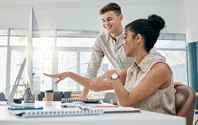 Buy stock photo Computer, teamwork and business people in discussion for a project with collaboration in the office. Technology, mentor and professional manager helping an employee with corporate report in workplace