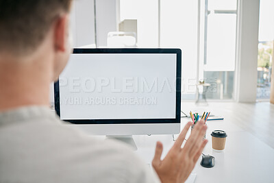 Buy stock photo Computer, video call and business man wave in office, online conference or meeting. Mockup, greeting hello and male employee with pc waving in workshop, virtual interview chat or webinar in workplace