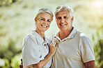 Love, portrait or happy old couple in nature or park bonding or hugging in a happy marriage partnership. Retirement, senior man or romantic elderly woman together on a calm relaxing holiday vacation