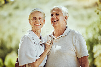 Buy stock photo Love, senior couple and hug outdoor, retirement and quality time for bonding, adventure and romance. Romantic, mature woman and old man embrace, nature and loving together with smile and summer break