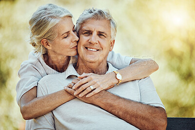 Buy stock photo Elderly, couple with hug in park and retirement with marriage, love and partnership, outdoor in nature. Portrait, kiss and old man with woman, care and trust, support and happy in relationship