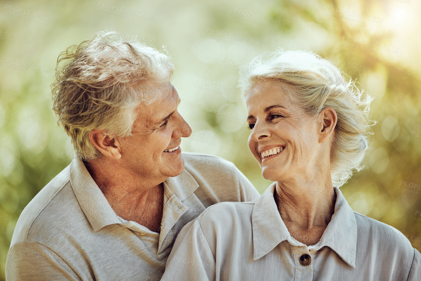 Buy stock photo Love, hug or happy old couple in nature bonding or laughing in a marriage partnership in retirement. Peace, senior man or romantic elderly woman hugging together on a calm relaxing holiday vacation