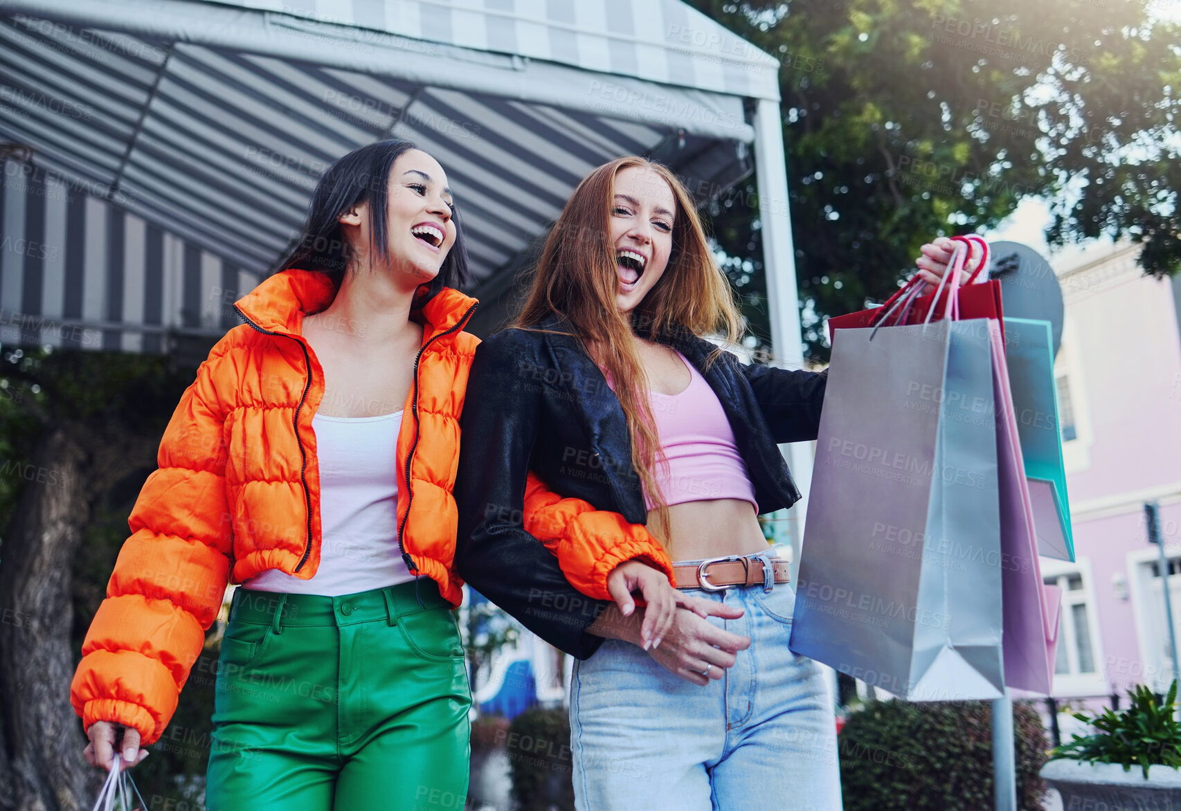 Buy stock photo Shopping bag, excited and fashion people at outdoor market sale, discount or promotion of gen z, customer and retail. Happy women, friends and trendy youth for wealth, rich and urban street clothes