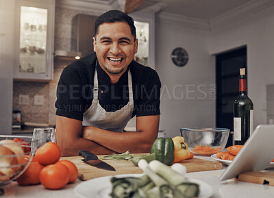 Buy stock photo Man, happy portrait and cooking in kitchen for healthy nutrition, food diet and organic vegetables salad. Young male, chef happiness and smile for green vitamins lifestyle or cook dinner in home 