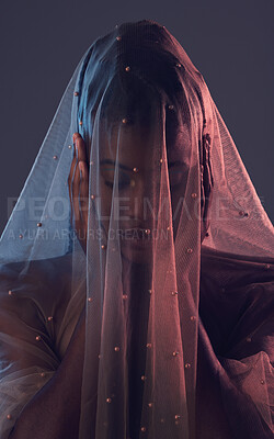 Buy stock photo Fashion, veil and woman in studio for creative, textile and elegance against a dark background. Fabric, girl and model covered in material, vintage and retro style while standing, posing and isolated