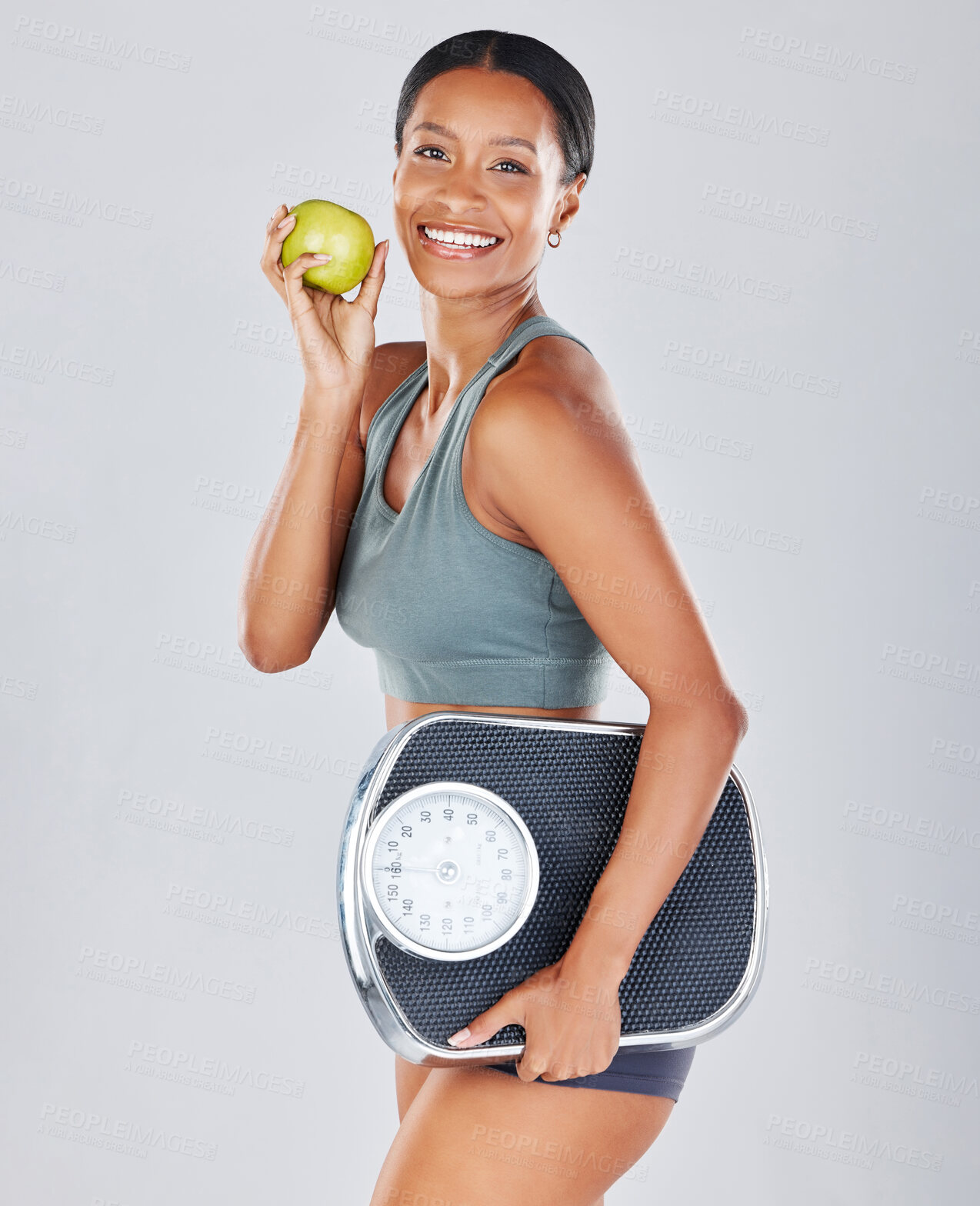 Buy stock photo Health, scale and portrait of woman with apple on diet for weight loss, workout and healthy lifestyle. Fitness, nutrition and body wellness, fit girl isolated on white background in studio with fruit