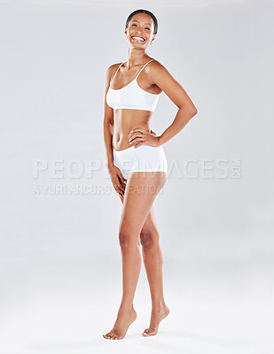 Full body, standing in underwear and woman with smile in portrait