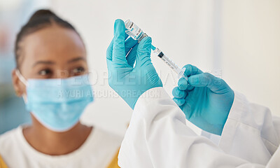 Buy stock photo Doctor, hands and vaccine needle in covid injection, hospital consult and wellness insurance in people virus protection. Zoom, patient and medicine syringe in healthcare disease and safety compliance