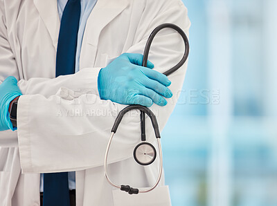 Buy stock photo Cardiology, stethoscope and doctor hands for healthcare, heart wellness and insurance in hospital background. Medical employee, professional or cardiologist with health care equipment in clinic zoom