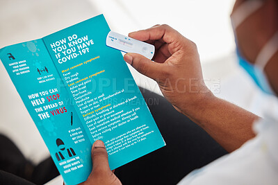 Buy stock photo Black man, hands and covid test with brochure for information, insurance or sample at hospital. Hand of African American patient holding rapid test or pamphlet for healthcare instruction or diagnosis