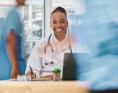 Buy stock photo Portrait, black woman and doctor writing in hospital or busy clinic. Healthcare, wellness and happy female physician with laptop taking notes in book, paperwork or covid research in medical office.