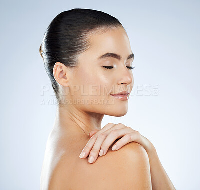 Buy stock photo Face, woman and eyes closed with skin, content with skincare and beauty facial isolated on studio background. Cosmetic care, manicure and glow, dermatology wellness with natural cosmetics mockup