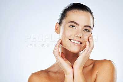 Buy stock photo Skincare, beauty and portrait of a woman in a studio with a cosmetic, makeup and natural face routine. Health, wellness and female model with an organic healthy facial treatment by a gray background.