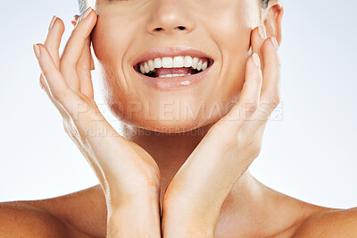 Buy stock photo Woman, hands and teeth wellness closeup dental hygiene, cosmetics oral care and luxury beauty. Model, facial happiness and clean tooth healthcare or dentist veneers whitening in white background 