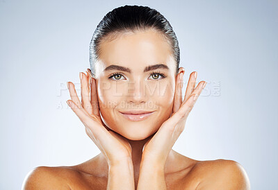 Buy stock photo Beauty, woman and clean skincare portrait with smile for hydration, self care and natural glow of people. Dermatology, aesthetic and healthy skin of person on isolated gray studio background.