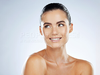 Buy stock photo Skincare, cosmetics and woman thinking, dermatology and confident girl on grey studio background. Female, lady or makeup for natural beauty, body care or treatment for grooming routine or smooth skin