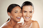 Beauty, health and happy portrait of women with natural cosmetics, healthy skincare glow or luxury self care. Dermatology, spa salon and aesthetic friends with facial makeup, wellness and healthcare