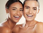 Beauty, smile and happy portrait of women with natural cosmetics, healthy skincare glow or luxury self care. Dermatology, spa salon and aesthetic friends with facial makeup, wellness and healthcare