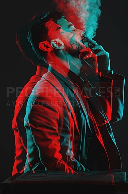 Buy stock photo Side profile of male model smoking, futuristic neon lighting with double exposure in studio with creative dark background. Luxury mens fashion, man cigarette with designer suit in trippy aesthetic