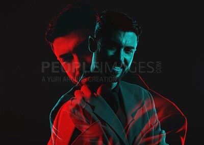 Buy stock photo Suit, businessman and dark portrait with double exposure of worker with mental health problem of people in studio. Corporate management person with split personality in isolated 3d black background

