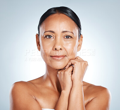Buy stock photo Mature, beauty and portrait of black woman in studio with healthy glow and body care of people. Skincare, aesthetic and dermatology treatment of senior person on isolated gray background.

