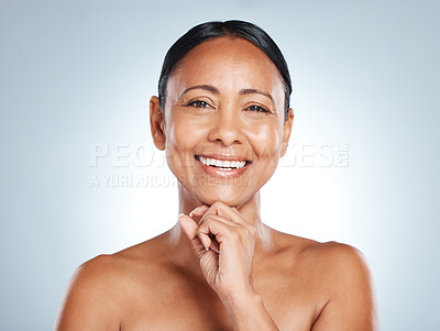 Buy stock photo Mature woman, face and portrait with smile in beauty mockup, skincare for anti aging isolated on studio background. Dermatology, botox and healthy skin with facial wellness and cosmetic care
