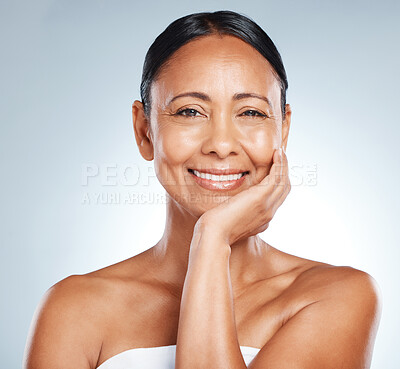 Buy stock photo Senior woman, portrait smile and beauty skincare for anti aging against white studio background. Elderly female face in dermatology or healthy skin for natural facial treatment, wellness or cosmetics