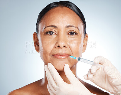 Injection, lip filler and portrait of woman face for plastic surgery, cosmetics and beauty implant. Skincare, facial syringe and botox aesthetic for liposuction, transformation and studio background