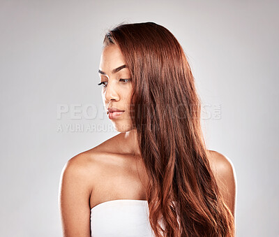 Buy stock photo Hair, woman and face with skin and beauty, hair care with glow and shine on studio background. Hairstyle, cosmetic and mockup with wellness, keratin treatment and styling with natural cosmetics