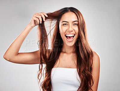 Hair, portrait and face of excited woman for skin care, makeup and cosmetics with smile in studio. Headshot of aesthetic model person happy about shampoo growth and shine or dermatology facial glow
