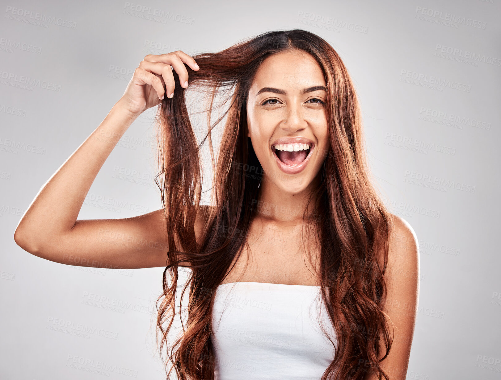 Buy stock photo Hair, portrait and face of excited woman for skin care, makeup and cosmetics with smile in studio. Headshot of aesthetic model person happy about shampoo growth and shine or dermatology facial glow