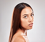 Portrait, woman and face of beauty or skincare model with natural skin isolated against a studio grey background. Cosmetic, head and girl from Rio De Janeiro with facial treatment for a smooth glow