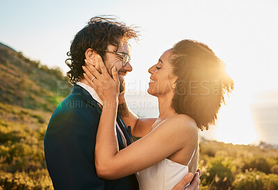 Buy stock photo Love, wedding and couple on mountain kiss for marriage ceremony, commitment and celebration. Affection, romance and interracial bride and groom bonding, happy and smile with ocean sunset in Italy