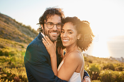 Buy stock photo Portrait, wedding couple and interracial marriage hug in nature, happy and excited while celebrating love, beginning and romance. Face, bride and groom by black woman and man embrace, sweet and smile