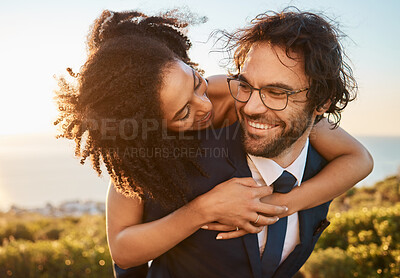 Buy stock photo Wedding, interracial and couple hug in nature, happy and excited while celebrating love, beginning and romance. Romantic, marriage and happy black woman bride with groom embrace, cheerful and smile 